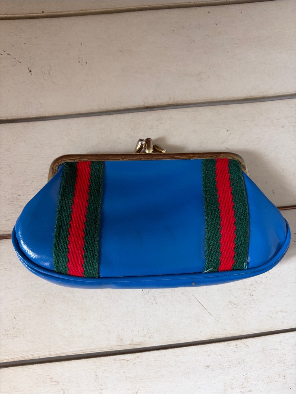 Vintage coin purse Blue Frame Clutch with Green and Red Stripe Accent